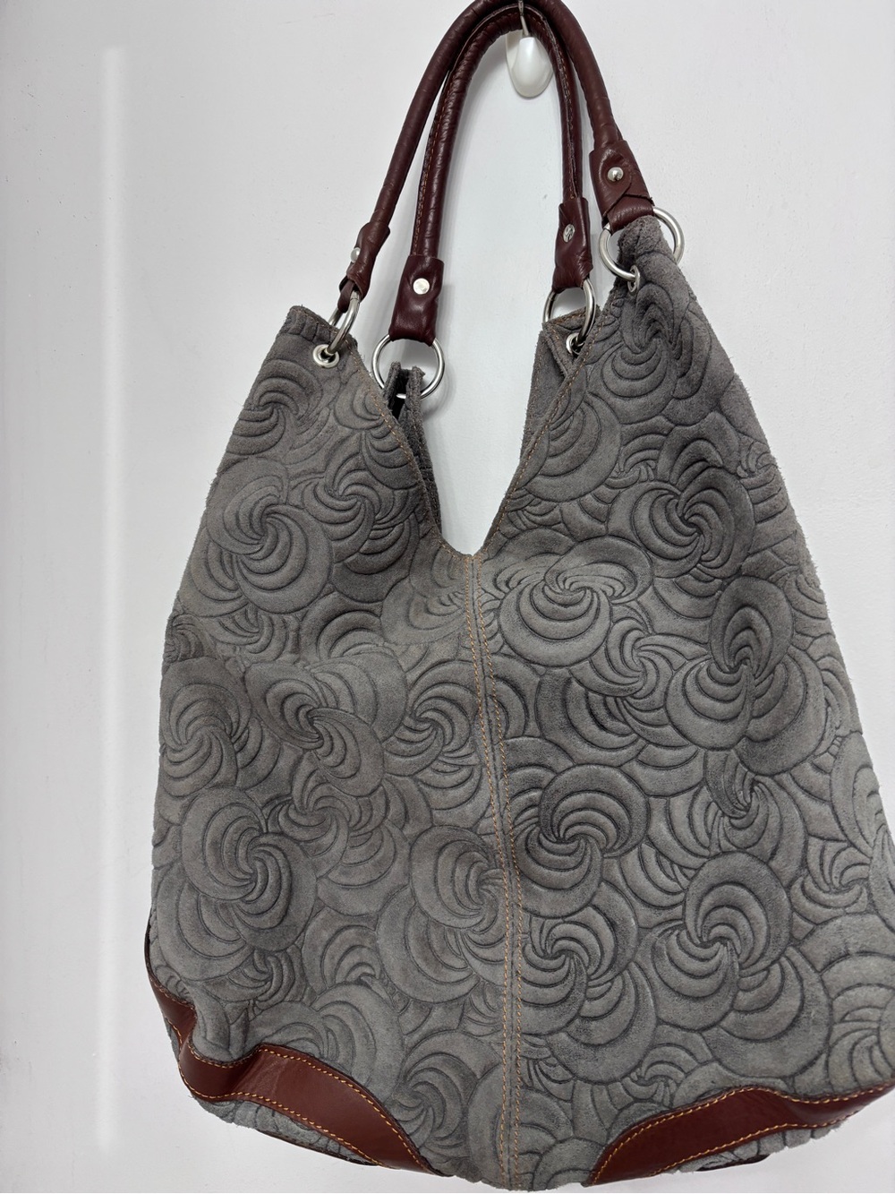 Italian Leather Bag Gray Embossed Shoulder Hobo Bag with Brown Leather Swirls - Picture 2 of 13